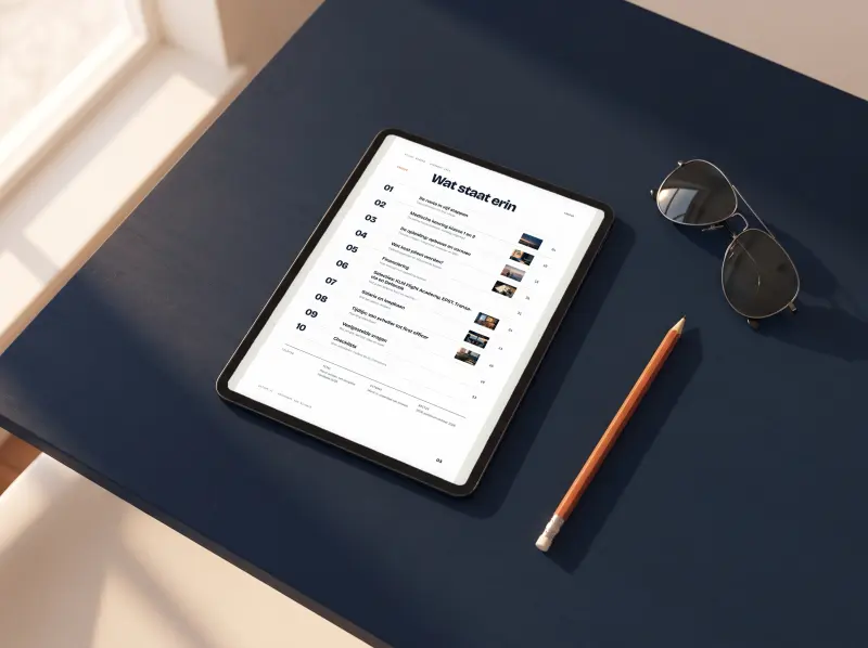 Tablet met de inhoudsopgave van het handboek: tien hoofdstukken