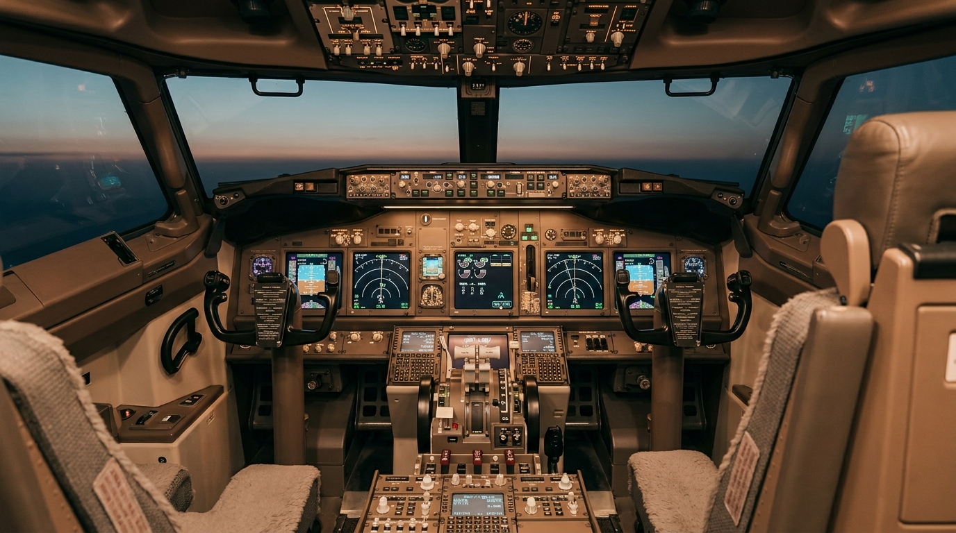 Commerciële cockpit bij schemerlicht